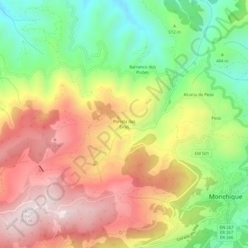 Topografische kaart Portela das Eiras, hoogte, reliëf