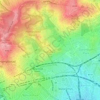 Topografische kaart Parliament Hill, hoogte, reliëf