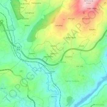 Topografische kaart Feiteira, hoogte, reliëf