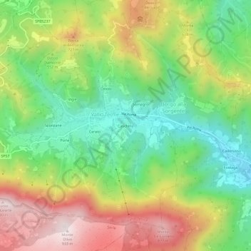 Topografische kaart Caschino, hoogte, reliëf