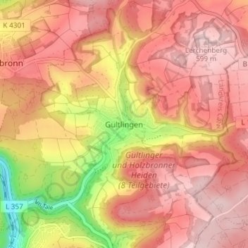Topografische kaart Gültlingen, hoogte, reliëf