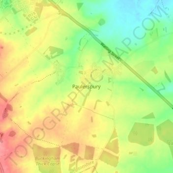 Topografische kaart Paulerspury, hoogte, reliëf