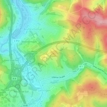Topografische kaart Bieberg, hoogte, reliëf