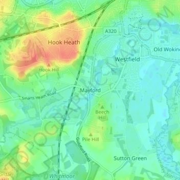 Topografische kaart Mayford, hoogte, reliëf