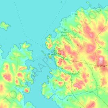 Topografische kaart Mwanza, hoogte, reliëf