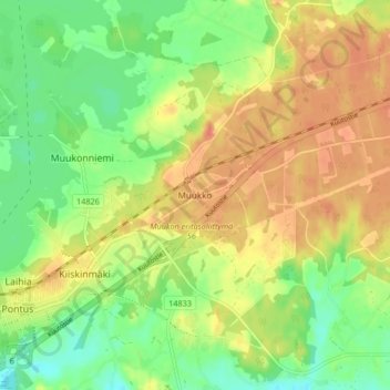 Topografische kaart Muukko, hoogte, reliëf