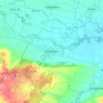 Topografische kaart Pörndorf, hoogte, reliëf