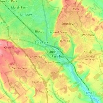 Topografische kaart Luton, hoogte, reliëf