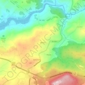 Topografische kaart Oliveira, hoogte, reliëf
