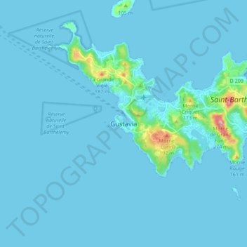 Topografische kaart Gustavia, hoogte, reliëf