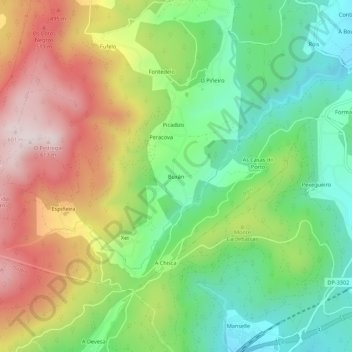 Topografische kaart Buxán, hoogte, reliëf