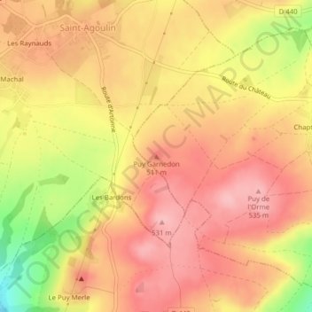 Topografische kaart Puy Garnedon, hoogte, reliëf
