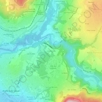 Topografische kaart Les Glaisins, hoogte, reliëf