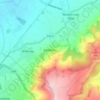Topografische kaart Saintbury, hoogte, reliëf