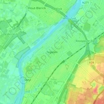 Topografische kaart Tegelen, hoogte, reliëf