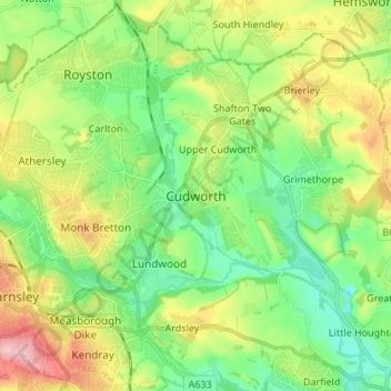 Topografische kaart Cudworth, hoogte, reliëf
