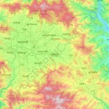 Topografische kaart भक्तपुर, hoogte, reliëf