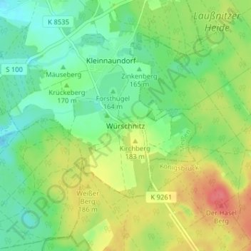 Topografische kaart Würschnitz, hoogte, reliëf