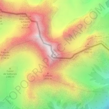 Topografische kaart Croda Rossa d'Ampezzo, hoogte, reliëf
