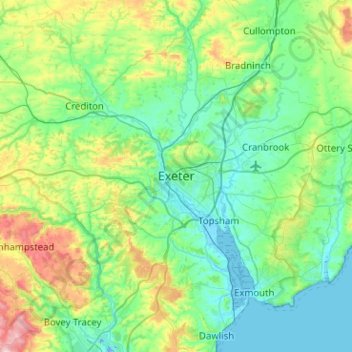 Topografische kaart Exeter, hoogte, reliëf