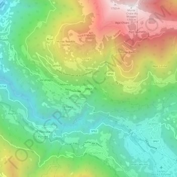 Topografische kaart Inesio, hoogte, reliëf
