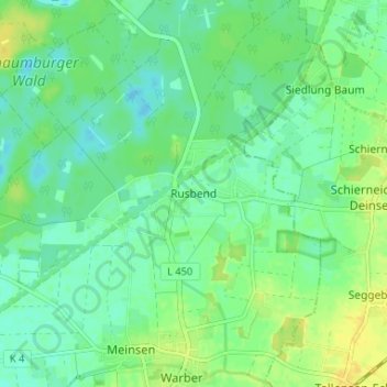 Topografische kaart Rusbend, hoogte, reliëf