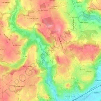 Topografische kaart Le Favier, hoogte, reliëf
