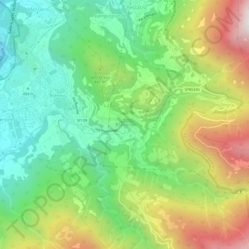 Topografische kaart Prestine, hoogte, reliëf