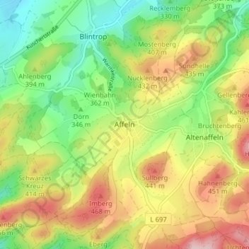 Topografische kaart Affeln, hoogte, reliëf