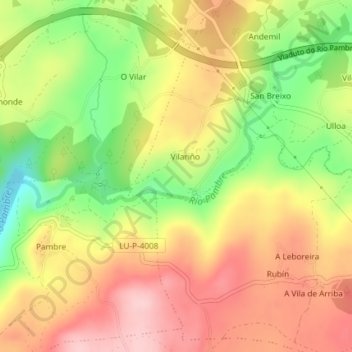 Topografische kaart O Carballal, hoogte, reliëf