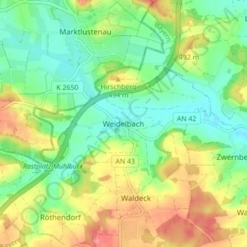 Topografische kaart Weidelbach, hoogte, reliëf