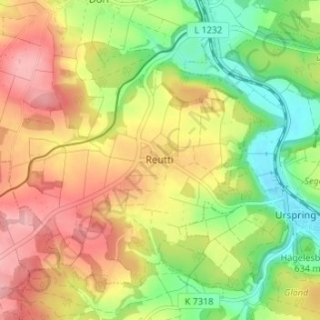 Topografische kaart Reutti, hoogte, reliëf