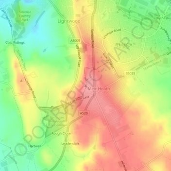 Topografische kaart Meir Heath, hoogte, reliëf