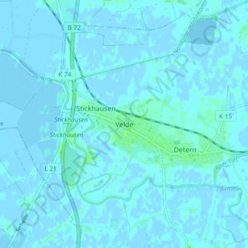 Topografische kaart Velde, hoogte, reliëf