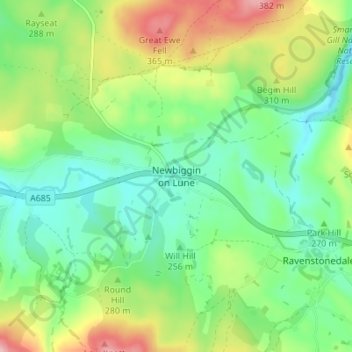 Topografische kaart Newbiggin on Lune, hoogte, reliëf