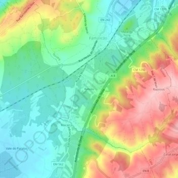 Topografische kaart Rebolo, hoogte, reliëf