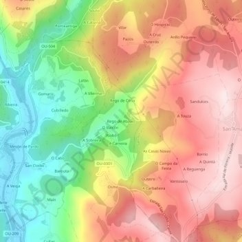 Topografische kaart Rego de Abaixo, hoogte, reliëf