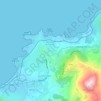 Topografische kaart Curzo, hoogte, reliëf