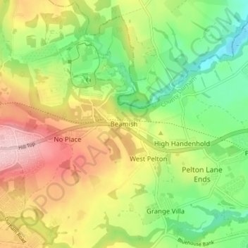 Topografische kaart Beamish, hoogte, reliëf