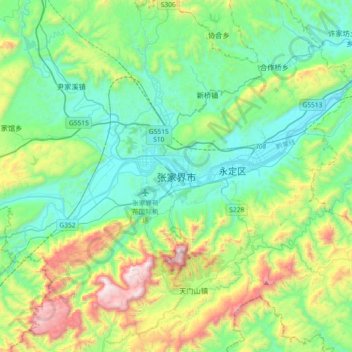 Topografische kaart Zhangjiajie, hoogte, reliëf