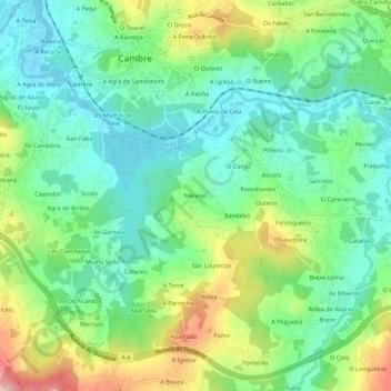 Topografische kaart Meixigo, hoogte, reliëf