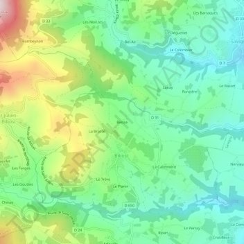 Topografische kaart Biesse, hoogte, reliëf