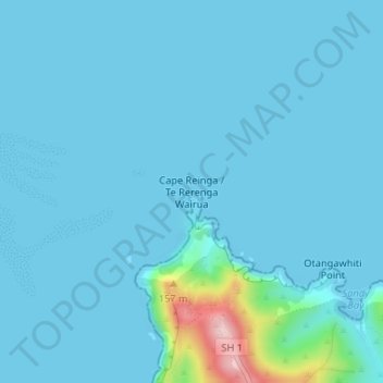 Topografische kaart Cape Reinga, hoogte, reliëf