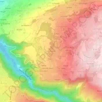 Topografische kaart Les Thièzes, hoogte, reliëf