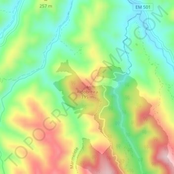 Topografische kaart Aldobreira, hoogte, reliëf