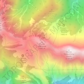Topografische kaart Punta dell'Uccel, hoogte, reliëf
