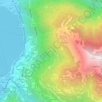 Topografische kaart Noceno, hoogte, reliëf