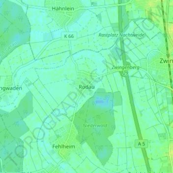 Topografische kaart Rodau, hoogte, reliëf