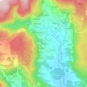 Topografische kaart A Granxa, hoogte, reliëf