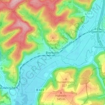 Topografische kaart Bierbach, hoogte, reliëf